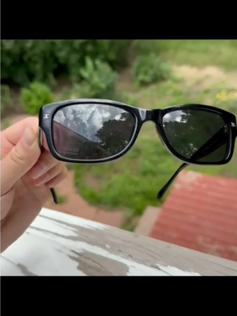 CHANEL Black Rectangular Logo Sunglasses - Black